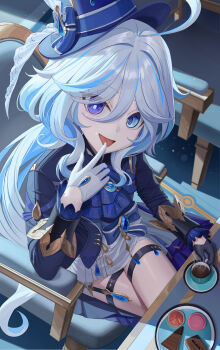 1girl absurdres aqua_eyes aqua_hair ascot asymmetrical_gloves black_gloves blue_ascot blue_eyes blue_jacket blush cake cake_slice commentary_request cup dessert drop-shaped_pupils food furina_(genshin_impact) genshin_impact gloves hair_between_eyes hat heterochromia highres holding holding_cup jacket long_hair looking_at_viewer mismatched_gloves multicolored_hair notice_lines open_mouth plate sitting smile solo soul_(smfa2555) symbol-shaped_pupils thigh_strap top_hat white_gloves white_hair