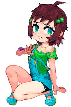 1girl absurdres ahoge bike_shorts blue_eyes brown_hair bug child crocs freckles green_eyes green_shirt highres indie_virtual_youtuber lily_hopkins overalls poruboto shirt short_hair solo squatting torn_clothes virtual_youtuber