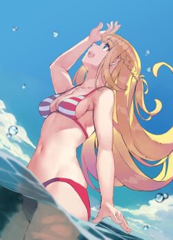 Rule 34 | 1girl, arm up, bikini, blonde hair, blue eyes, blue sky, braid, breasts, commentary request, cowboy shot, day, from side, long hair, looking up, medium breasts, navel, official art, open mouth, outdoors, red bikini, rit (shin no nakama), second-party source, shin no nakama janai to yuusha no party wo oidasareta no de henkyou de slow life suru koto ni shimashita, sideways mouth, sky, smile, solo, stomach, striped bikini, striped clothes, swimsuit, teeth, upper teeth only, wading, water, yasumo (kuusouorbital)
