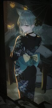 1girl absurdres alternate_costume animal_ear_fluff animal_ears black_choker black_kimono black_umbrella blue_archive blue_sash blush choker closed_mouth commentary cross_hair_ornament floral_print floral_print_kimono from_behind grey_eyes grey_hair hair_ornament highres japanese_clothes k.j. kimono looking_at_viewer looking_back night outdoors print_kimono sash shiroko_terror_(blue_archive) solo umbrella wolf_ears