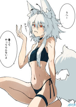 1girl absurdres alternate_costume animal_ear_fluff animal_ears antenna_hair arm_up barefoot bikini black_bikini black_choker choker collarbone commentary_request double-parted_bangs fangs fingernails hair_between_eyes hair_intakes highres inubashiri_momiji kakaricho_dairi long_fingernails looking_down midriff navel on_one_knee open_mouth pink_nails red_eyes signature simple_background solo speech_bubble sports_bikini squatting sweat swimsuit tail thigh_strap touhou translation_request white_background wolf_ears wolf_girl wolf_tail