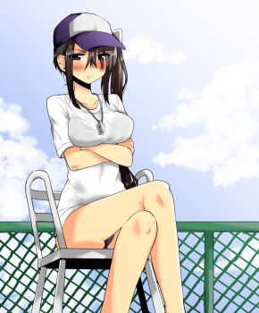 Rule 34 | 10s, 1girl, bad id, bad pixiv id, black eyes, black hair, blush, breast hold, breasts, cloud, day, female focus, fence, gradient background, hiiragi (jhug8877), kantai collection, lifeguard, long hair, looking at viewer, nachi (kancolle), see-through clothes, shirt, side ponytail, sitting, sky, solo, swimsuit, whistle