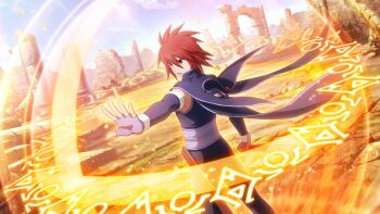 Rule 34 | 1boy, artist request, belt, brown eyes, cape, casting spell, collared cape, commentary, cowboy shot, day, dirt, english commentary, fingerless gloves, floating cape, game cg, gloves, highres, holding, holding sword, holding weapon, kratos aurion, leggings, magic, male focus, medium hair, multiple belts, official art, open mouth, outdoors, purple belt, purple cape, purple gloves, purple leggings, purple trim, red hair, rock, ruins, sheath, solo, spiked hair, standing, sword, tales of (series), tales of crestoria, tales of symphonia, third-party source, weapon