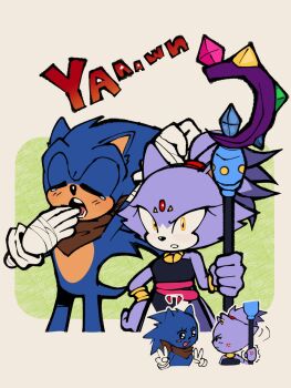 1boy 1girl alternate_costume anger_vein angry bandaged_arm bandages blaze_the_cat brown_scarf cat_girl cat_tail chibi closed_mouth double_v furry furry_female furry_male gold_necklace green_eyes hand_on_another&#039;s_head highres jeweled_scepter_(sonic) jewelry looking_at_another necklace open_mouth scarf smile sonic_(series) sonic_boom_(series) sonic_the_hedgehog spidercheetos tail v yawning yellow_eyes
