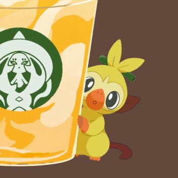 animal_focus black_eyes bright_pupils brown_background cup gen_8_pokemon grookey hatterene logo_parody mi_ho_chi monkey nintendo no_humans nostrils open_mouth peeking_out pokemon pokemon_(creature) simple_background solo white_pupils