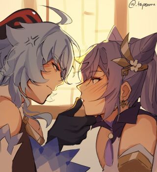 Rule 34 | 2girls, anger vein, black gloves, blue hair, blush, detached sleeves, ganyu (genshin impact), genshin impact, gloves, grabbing another's chin, hand on another's chin, highres, horns, keqing (genshin impact), multiple girls, purple eyes, purple hair, tapeanna, twitter username, yuri