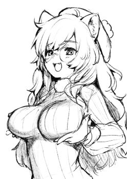1girl animal_ear_fluff animal_ears blush breasts cillia commentary english_commentary glasses greyscale highres large_breasts long_hair looking_at_viewer monochrome open_mouth original smile solo
