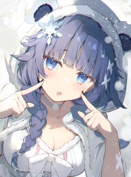 1girl absurdres animal_ear_hood animal_ears bear_ears black_nails blue_hair bow breasts cleavage commentary_request commission fake_animal_ears hair_ornament highres hood hood_up indie_utaite large_breasts long_hair looking_at_viewer open_mouth portrait second-party_source shirt snowflake_hair_ornament solo tatsukisan upper_body utaite virtual_youtuber white_bow white_hood white_shirt yaya_mugi_(utaite)