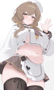 1girl absurdres apron arm_behind_back belly beret black_choker black_ribbon black_thighhighs blush bready_(nikke) breasts brown_hair brown_neckerchief brown_sailor_collar brown_skirt buttons choker closed_mouth commentary_request cowboy_shot crop_top frilled_apron frills from_below goddess_of_victory:_nikke grey_background hair_over_shoulder hair_ribbon hand_up hat highres large_breasts long_hair long_sleeves looking_at_viewer looking_down low_twintails miniskirt navel neckerchief no_bra open_hand partially_unbuttoned pleated_skirt plump revision ribbon ribbon-trimmed_thighhighs ribbon_trim sailor_collar shevy825 shirt simple_background skirt smile solo standing sweatdrop thighhighs tilted_headwear twintails underboob waist_apron white_apron white_shirt wristband yellow_ribbon