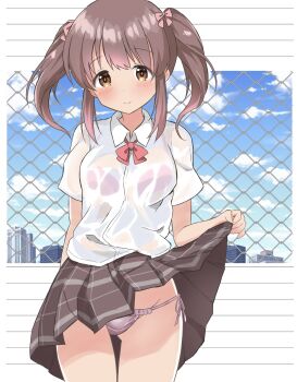 1girl absurdres blue_sky blush border bow bowtie bra breasts brown_eyes brown_hair brown_skirt chain-link_fence cityscape clothes_lift cloud collared_shirt commentary_request cowboy_shot dress_shirt fence gluteal_fold gradient_sky hair_bow highres idolmaster idolmaster_cinderella_girls lifting_own_clothes looking_at_viewer medium_breasts medium_hair ogata_chieri ohana._(komachi) outdoors outside_border panties pink_bow pink_bra pink_panties plaid_clothes plaid_skirt pleated_skirt red_bow red_bowtie see-through_clothes see-through_shirt shirt short_sleeves short_twintails side-tie_panties sidelocks skirt skirt_lift sky smile solo standing thighs twintails underwear white_border white_shirt