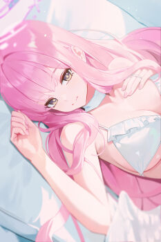 1girl bikini blue_archive breasts choker cleavage closed_mouth commentary_request fieryonion fingernails frilled_bikini frills highres large_breasts long_hair looking_at_viewer mika_(blue_archive) mika_(swimsuit)_(blue_archive) nail_polish official_alternate_costume official_alternate_hairstyle pink_nails purple_eyes solo swimsuit very_long_hair white_bikini white_choker