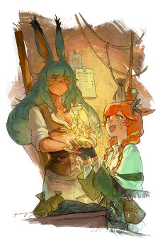 2girls absurdres animal_ears aqua_hair braid breasts brown_vest cat_ears cat_girl cleavage coin commentary_request crossed_arms cupping_hands final_fantasy final_fantasy_xiv flower gold_coin green_eyes hair_flower hair_ornament highres long_hair miqo'te multicolored_hair multiple_girls orange_hair own_hands_together signature streaked_hair twin_braids vest viera warrior_of_light_(ff14) white_flower white_hair yellow_eyes yuzaiii