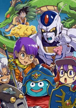 ackman baseball_cap blue_eyes cashman character_request chokin_senshi_kyasshuman chrono_trigger creator_connection crossover dr._slump dragon_ball dragon_ball_(classic) dragon_quest glasses go!_go!_ackman hat helmet hom_(tobal) long_hair lucca_ashtear multiple_boys multiple_crossover multiple_girls norimaki_arale open_mouth overalls purple_hair ryon_(yasagure_un) shenron_(dragon_ball) shield short_hair slime_(creature) slime_(dragon_quest) smile sword tobal_no._1 weapon