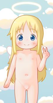 1girl 2025 ana_coppola blonde_hair blue_eyes blush censored cloud cloudy_sky completely_nude female_focus flat_chest halo highres ichigo_mashimaro legs loli long_hair looking_at_viewer navel nipples nude peace_symbol pointless_censoring pussy sky smile smoog solo standing stomach tagme thighs wings