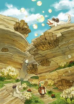 1girl absurdres backpack bag blowing_bubbles blue_hair boots brown_bag brown_boots cliff closed_eyes cloud commentary_request creature day dirt_road fantasy flower hat highres holding holding_pillow horn_(instrument) jacket koki08186863 long_sleeves medium_hair nightcap original outdoors pillow red_hat red_jacket road solo walking wide_shot