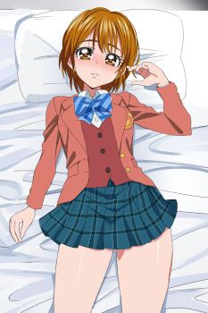 Rule 34 | 1girl, absurdres, blazer, blue bow, blush, bow, bowtie, brown eyes, brown hair, brown jacket, commentary request, dakimakura (medium), futari wa precure, highres, jacket, looking at viewer, lying, misumi nagisa, oimanji, on back, pillow, plaid clothes, plaid skirt, pleated skirt, precure, school uniform, short hair, skirt, solo, verone gakuin school uniform