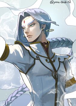 1boy absurdres ace_attorney aqua_eyes armlet bindi braid braided_ponytail earrings facial_mark forehead_jewel glint gold_armlet highres jewelry long_hair looking_to_the_side male_focus nahyuta_sahdmadhi phoenix_wright:_ace_attorney_-_spirit_of_justice purple_hair robe shawl shirt solo thick_eyebrows twitter_username upper_body very_long_hair white_robe white_shawl white_shirt yoru_tsuki12