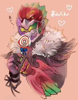 1boy ankh_(ooo) bad_id bad_pixiv_id bird blue_ribbon blush candy feathers food green_eyes heart japanese_text kamen_rider kamen_rider_ooo_(series) lollipop male_focus monster monster_boy ribbon swirl_lollipop winged_arms wings