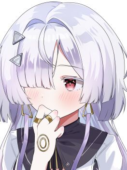 absurdres ame-ciel blush colored_eyelashes commentary earrings grey_hair hair_intakes hair_ornament hair_over_one_eye hand_up highres jacket jewelry long_hair mornye_(wuthering_waves) portrait red_eyes simple_background triangle_earrings white_background white_jacket wuthering_waves