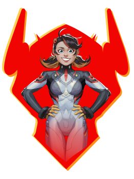 1girl absurdres black_bodysuit bodysuit breasts commentary grey_bodysuit hair_ornament hands_on_own_hips highres inkarat looking_at_viewer marvel marvel_rivals mecha_pilot_suit multicolored_bodysuit multicolored_hair peni_parker silhouette smile solo sp//dr spider-man_(series) spider-verse standing streaked_hair twintails two-tone_bodysuit