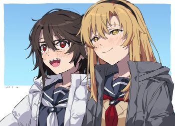 Rule 34 | 2girls, black-framed eyewear, black hairband, black sailor collar, black shirt, blonde hair, blush, brown hair, grey jacket, hairband, highres, jacket, koishikawa iko, long hair, momijiyama teru, multiple girls, neckerchief, open clothes, open jacket, orange eyes, red eyes, red neckerchief, sailor collar, semi-rimless eyewear, shirt, short hair, shy (series), smile, takatisakana, white jacket