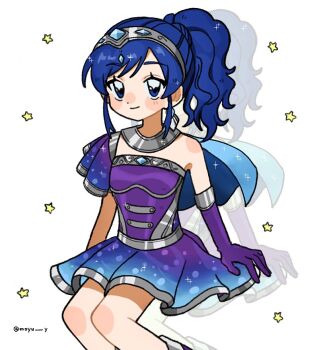 1girl aikatsu! aikatsu!_(series) blue_dress blue_eyes blue_hair dress drop_shadow elbow_gloves feet_out_of_frame gloves gradient_clothes gradient_dress hairband hashtag-only_commentary idol_clothes kiriya_aoi long_hair looking_at_viewer moyu_y purple_gloves side_ponytail silver_trim sitting smile solo star_(symbol) twitter_username white_background