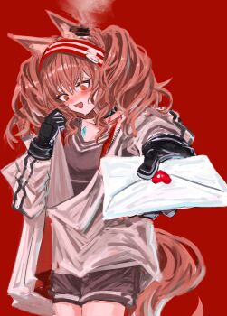 1girl absurdres angelina_(arknights) animal_ears arknights averting_eyes black_collar brown_hair coat collar cowboy_shot embarrassed fox_ears fox_girl fox_tail hairband hand_up highres incoming_letter infection_monitor_(arknights) jacket letter long_hair long_sleeves love_letter material_growth multicolored_hairband open_clothes open_coat open_jacket oripathy_lesion_(arknights) red_background red_hairband shino_duka short_shorts shorts simple_background solo steaming_body striped_clothes striped_hairband tail twintails two-tone_hairband unzipped
