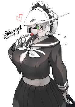 bag blush breasts cleavage green_eyes headdress heart heart-shaped_pupils holding holding_bag humanoid_robot i_like_robot large_breasts mecha midriff navel original pointing pointing_at_self robot robot_girl school_bag school_uniform serafuku simple_background skirt symbol-shaped_pupils vent_(object) white_background