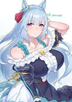 1girl absurdres animal_ears blue_hair bow braid breasts cleavage closed_mouth commentary_request crown_braid ear_bow ear_ornament ear_ribbon highres horse_ears horse_girl horse_tail large_breasts long_hair looking_at_viewer mejiro_ardan_(umamusume) nisumi_k purple_eyes shirt simple_background smile solo tail umamusume white_background