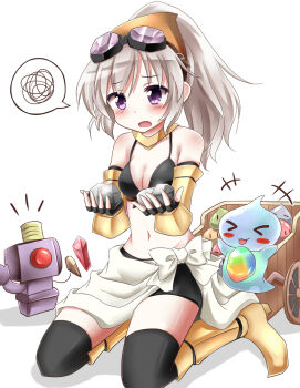 +++ 1girl armor armored_boots bandana bikini bikini_top_only black_bikini black_gloves black_shorts black_thighhighs blush boots breasts brown_bandana commentary_request drops_(ragnarok_online) elbow_gloves fingerless_gloves fruit_(ragnarok_online) full_body gem ghost gloves goggles goggles_on_head grey_hair hachimi high_ponytail highres holding holding_rock long_hair marin_(ragnarok_online) mechanic_(ragnarok_online) medium_breasts navel open_mouth pluto_09 ponytail poporing poring pullcart purple_eyes ragnarok_online red_gemstone robot rock seiza shorts simple_background sitting solo spoken_squiggle squiggle swimsuit thighhighs vambraces white_background yellow_armor