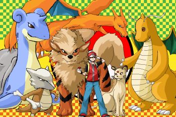 Rule 34 | 1990s (style), 1boy, arcanine, bad id, bad pixiv id, baseball cap, blue eyes, bone, brown eyes, brown hair, charizard, dragonite, gen 1 pokemon, hat, lapras, marowak, nintendo, oekaki, persian, poke ball, pokemon, pokemon (creature), pokemon rgby, red (pokemon), red eyes, retro artstyle, wings, yaji