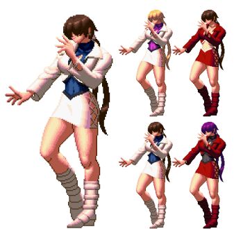 1girl alternate_color black_big_box blonde_hair boots breasts brown_hair cleavage cleavage_cutout clothing_cutout cropped_jacket female_focus fighting_stance hair_over_eyes knee_boots large_breasts leotard long_hair lowres midriff miniskirt navel pixel_art player_2 purple_hair shermie_(kof) skirt solo split_ponytail sprite_sheet the_king_of_fighters the_king_of_fighters_xii twintails