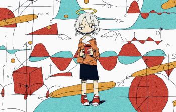 1girl angel_wings arrow_(symbol) cube cup detached_wings grey_hair half-closed_eyes halo highres holding long_sleeves nyr50ml orange_shirt original physics red_shoes shadow shirt shoes short_hair solo triangle wings