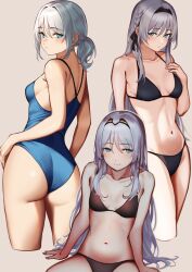 Rule 34 | 1girl, 3 small spiders, absurdres, alternate costume, alternate hairstyle, an-94 (girls&#039; frontline), ass, back, blonde hair, blue eyes, blue one-piece swimsuit, breasts, girls&#039; frontline, grey hair, hairband, highres, long hair, looking at viewer, multiple persona, one-piece swimsuit, sitting, small breasts, smile, swimsuit