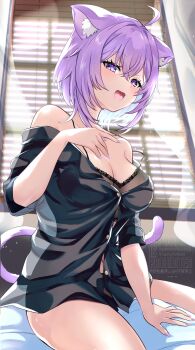 1girl absurdres alternate_costume black_bra black_panties black_shirt blush bra breasts cat_girl cat_tail dappled_sunlight highres hololive kudoukudokudo large_breasts looking_at_viewer nekomata_okayu open_mouth panties purple_eyes purple_hair shirt sitting solo sunlight tail underwear virtual_youtuber