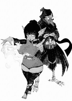 1boy 1girl absurdres belt belt_buckle bird_boy breasts buckle coat commentary crossed_arms dress ear_piercing english_commentary exposed_bone female_goblin fire flaming_eyes goblin greyscale hands_up highres hood hood_up hooded_coat large_breasts long_pointy_ears long_sleeves looking_at_viewer miregeist monochrome monster_boy open_mouth original piercing pointing pointing_at_viewer pointy_ears pyrokinesis short_hair shortstack simple_background skeletal_body stirrup_legwear thighhighs toeless_legwear torn_clothes torn_thighhighs white_background