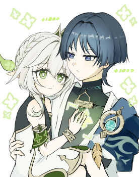 1boy 1girl anemo_symbol_(genshin_impact) armlet bare_shoulders black_bodysuit blue_cape blue_gem blunt_ends bodysuit bracelet braid bright_pupils cape carrying closed_mouth commentary_request covered_collarbone cross-shaped_pupils detached_sleeves dress eyelashes feathers gem genshin_impact gold green_eyes green_hair green_sleeves grey_hair hair_ornament half_crown_braid hand_on_another's_back hand_on_another's_chest head_on_another's_shoulder healing highres japanese_clothes jewelry kimono korean_commentary leaf leaf_hair_ornament looking_at_another multicolored_hair nahida_(genshin_impact) open_clothes open_kimono pointy_ears pom_pom_(clothes) princess_carry purple_eyes scabu scaramouche_(genshin_impact) short_hair side_cape smile streaked_hair symbol-shaped_pupils turtleneck turtleneck_bodysuit vision_(genshin_impact) wanderer_(genshin_impact) white_background white_dress white_kimono white_pupils white_trim wispy_bangs yellow_feathers