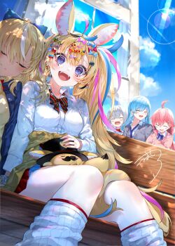 5girls absurdres ahoge alternate_costume animal_ears bench blonde_hair blue_hair blue_sky blush bow bowtie camisole closed_eyes clothes_around_waist collared_shirt creature_on_lap dark-skinned_female dark_elf dark_skin dress_shirt earrings elf facial_mark fennec_fox fox_ears fox_girl fox_tail grey_hair gyaru hair_bow highres hololive hoshimachi_suisei jacket jacket_around_waist jewelry kou_mashiro leg_warmers long_hair long_sleeves looking_at_viewer miniskirt multicolored_hair multiple_girls necktie official_alternate_costume official_alternate_hairstyle omaru_polka omaru_polka_(school_uniform) on_bench outdoors park_bench pink_hair pleated_skirt pointy_ears sakura_miko school_uniform shiranui_flare shiranui_kensetsu shirogane_noel shirt side_ponytail signature skirt sky smile solo_focus streaked_hair tail teeth too_many_hair_ornaments upper_teeth_only virtual_youtuber zain_(omaru_polka)