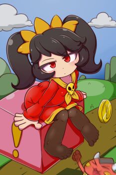 1girl arms_at_sides ashley_(warioware) black_hair black_pantyhose blue_sky closed_mouth covered_erect_nipples day demon dot_nose dress expressionless from_above from_side full_body leaning_forward loli long_hair long_sleeves looking_at_viewer looking_to_the_side looking_up nintendo orange_dress outdoors pantyhose poethewondercat red_(warioware) red_dress red_eyes sky solo_focus toes twintails two-tone_dress warioware