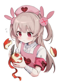 &gt;_&lt; 1girl apple apple_rabbit apron armband bandaged_wrist bandages blush buttons center_frills food food_art frills fruit hair_ornament hat heart heart_print highres holding holding_food holding_fruit holding_knife knife light_brown_hair long_hair natori_sana natori_sana_(nurse) neku01n nurse_cap peeling pink_apron pink_eyes pink_hat rabbit_hair_ornament safety_pin sana_channel shirt short_sleeves simple_background solo two_side_up upper_body virtual_youtuber white_background white_shirt