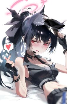 1girl absurdres animal_ears belt belt_around_waist black_gloves black_hair black_vest blue_archive blush cat_ears cat_girl choker commentary_request earpiece finger_heart fingerless_gloves gloves halo hand_on_headwear hat highres idol idol_clothes long_hair looking_at_viewer matcha_(matttttya1) mouthpiece o-ring o-ring_choker official_alternate_hairstyle peaked_cap pink_halo ponytail serika_(blue_archive) serika_(idol)_(blue_archive) solo vest white_belt