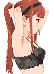 Rule 34 | 1girl, armpits, arms behind head, arms up, bare shoulders, black bra, black hairband, blush, bra, breasts, brown eyes, brown hair, earrings, floral print, from side, hair tie in mouth, hairband, highres, idolmaster, idolmaster million live!, idolmaster million live! theater days, jewelry, lace, lace-trimmed bra, lace trim, long hair, looking at another, medium breasts, mouth hold, print bra, sidelocks, solo, tanaka kotoha, tetsujin momoko, tying hair, underwear, underwear only, upper body