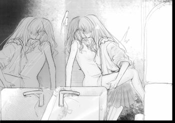 2girls absurdres bang_dream! bang_dream!_it's_mygo!!!!! between_legs breasts chihaya_anon chinese_commentary commentary_request faucet funame111 greyscale haneoka_school_uniform highres implied_fingering indoors kiss kissing_cheek large_breasts long_hair medium_breasts monochrome multiple_girls nagasaki_soyo nipples open_clothes open_shirt panties panty_pull school_uniform sink sleeves_rolled_up sweat underwear yuri