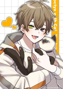 1boy alban_knox alternate_costume animal brown_hair brown_jacket cat commentary_request english_text green_eyes grey_eyes grid_background heart heterochromia highres holding holding_animal jacket looking_at_viewer male_focus nana72710193 nijisanji nijisanji_en open_mouth outline shirt short_hair simple_background smile solo twitter_username upper_body virtual_youtuber white_background white_shirt