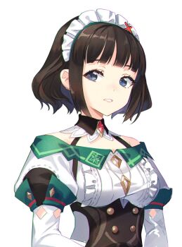 1girl blue_eyes breasts brown_corset brown_hair corset frilled_headwear gem genshin_impact h2so4 highres juliet_sleeves katheryne_(genshin_impact) long_sleeves looking_at_viewer maid_headdress medium_breasts parted_lips puffy_sleeves red_gem shirt short_hair sideways_glance solo teeth upper_body white_background white_shirt