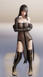 1girl 20s 3d animated arm_support asymmetrical_gloves bare_shoulders black_boots black_collar black_dress black_gloves black_hair blender_(medium) blunt_bangs blurry blurry_background boots breasts closed_eyes collar covered_erect_nipples dancing dress elbow_gloves female_focus final_fantasy final_fantasy_xv fur-trimmed_gloves fur_trim gentiana gloves hand_on_own_face high_heel_boots high_heels highres huge_filesize large_breasts lazyprocrastinator long_dress long_hair looping_animation medium_hair nipples no_bra no_panties open-toe_boots pussy revealing_clothes see-through_clothes see-through_dress sheer_dress solo square_enix straight_hair swaying thigh_boots thighhighs uncensored video zipper