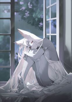 1girl absurdres animal_ears armlet bare_legs barefoot black_nails breasts dress fingernails furry furry_female grey_fur head_on_knees highres hugging_own_legs jewelry long_fingernails open_window original red_eyes sideboob sitting solo white_dress window wo_xuyao_jiashui
