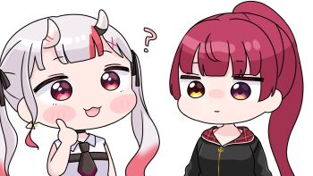 2girls ? anchor bare_arms black_bow black_jacket black_necktie blush_stickers bow brown_eyes chibi closed_mouth collared_shirt earrings gradient_hair grey_hair hair_bow hair_ornament hand_up heterochromia highres hololive hood hood_down hooded_jacket horns houshou_marine houshou_marine_(summer) jacket jewelry long_hair mochimiko multicolored_hair multiple_girls nakiri_ayame nakiri_ayame_(streetwear) necktie oni ponytail red_eyes red_hair shirt simple_background sleeveless sleeveless_shirt streaked_hair twintails upper_body very_long_hair virtual_youtuber white_background white_shirt x_hair_ornament