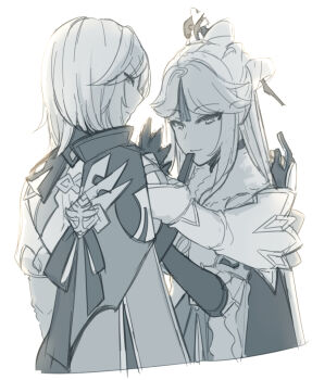 2girls blue_cape cape chinese_clothes chinese_hairpin commentary_request cone_hair_bun eula_(genshin_impact) fur_collar genshin_impact gloves hair_bun hair_ornament hair_stick hinagi_(fox_priest) long_sleeves medium_hair multiple_girls ningguang_(genshin_impact) parted_bangs tassel tassel_hair_ornament white_hair