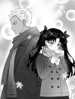 Rule 34 | 1boy, 1girl, archer (fate), blush, coat, commentary request, dark-skinned male, dark skin, fate/stay night, fate (series), greyscale, hair ribbon, hair slicked back, highres, long hair, long sleeves, marimohu starry, monochrome, ribbon, scarf, snowflakes, sweater, tohsaka rin, two side up, upper body, winter, winter clothes